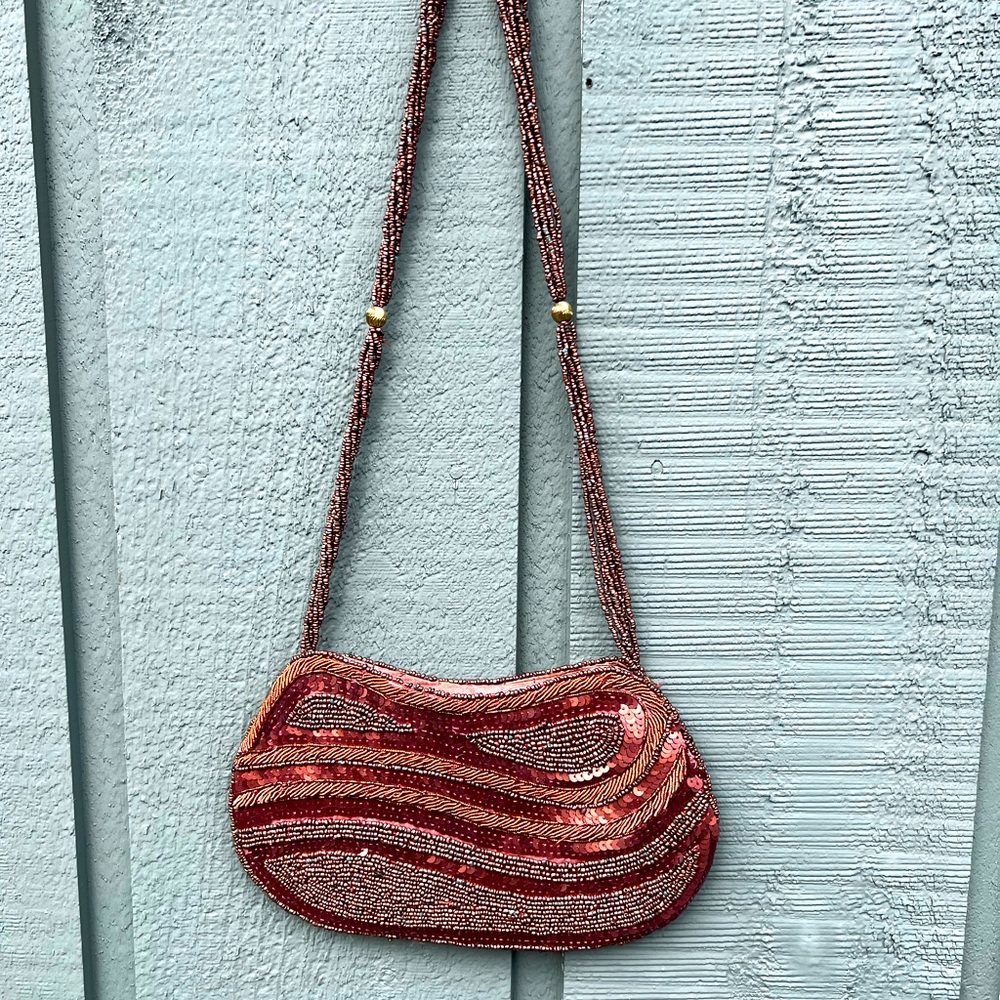 Vintage Copper Bead & Sequins Purse Evening Handbag W/ 7 Strand Strap Well Made